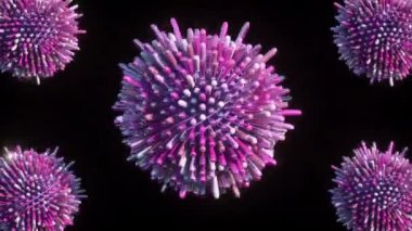 Pink balls, spheres with not sharp spikes, sticks around it on black background.