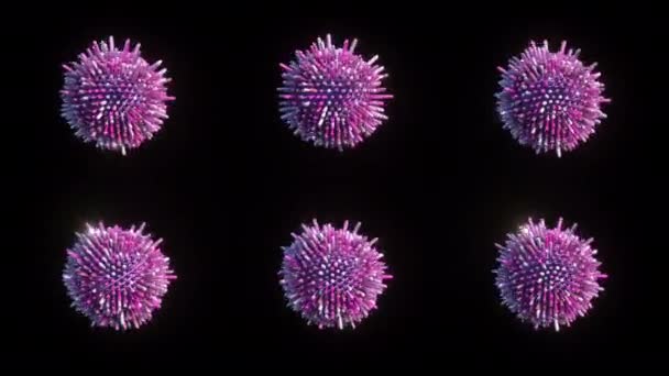 Pink balls, spheres with not sharp spikes, sticks around it on black background. — Stockvideo