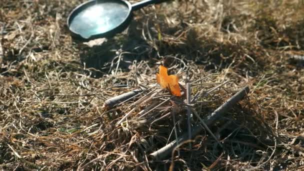 Förstoringsglas och träpinnar för vem som försöker tända eld på naturen. — Stockvideo