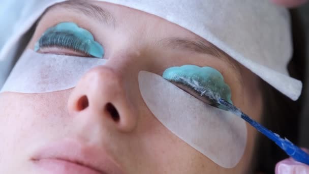 A kozmetikus oldatot alkalmaz a női szempillákon a szempillák laminálására. — Stock videók