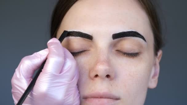 Cosmetologue peint les sourcils des femmes à la clinique de cosmétologie, vue rapprochée. — Video