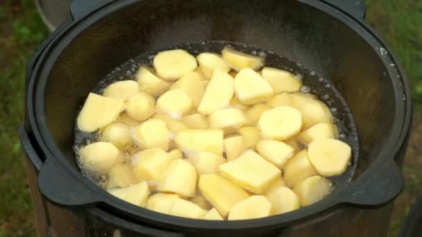 Potatis steker i kittel i olja på naturen i brand, närbild. — Stockvideo