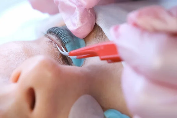 Beautician bending lashes with needle into curlers, lift eyelashes laminaton.