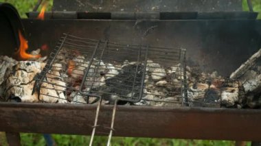 Izgara ızgara ızgaranın üstünde, içinde kömür ve orman var..