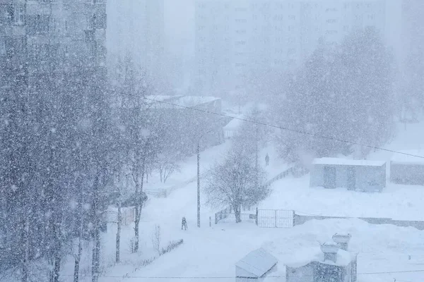 Peisaj urban în culori albastre în zăpadă grea, viscol, furtună de zăpadă pe stradă . Imagine de stoc