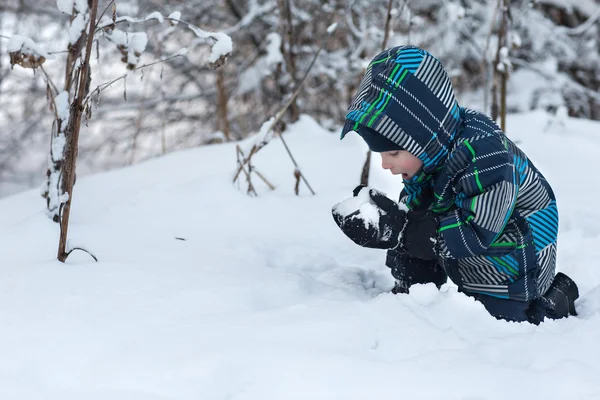 El niño en el bosque en invierno . —  Fotos de Stock