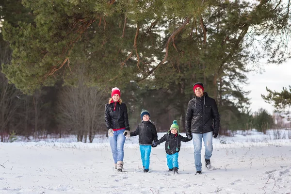 Happy family in the winter forest. — Stock Photo, Image