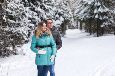 Genç güzel kış ormanda yürümek çift