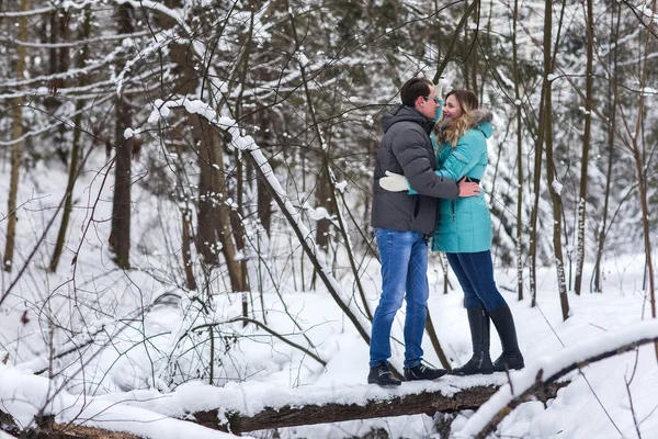 Junges schönes Paar spaziert im Winterwald — Stockfoto