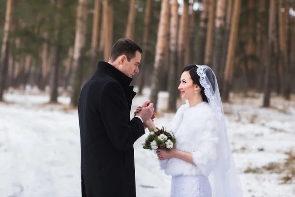 Jeune couple de jeunes mariés marchant dans une forêt d'hiver dans la neige — Photo