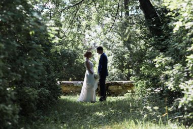 mutlu gelin ve damat yaz ormanda yürüyüş.