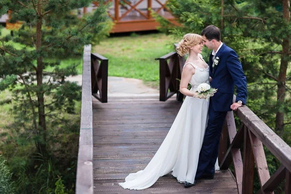 Glückliche Braut und Bräutigam beim Spaziergang im Sommerwald. — Stockfoto