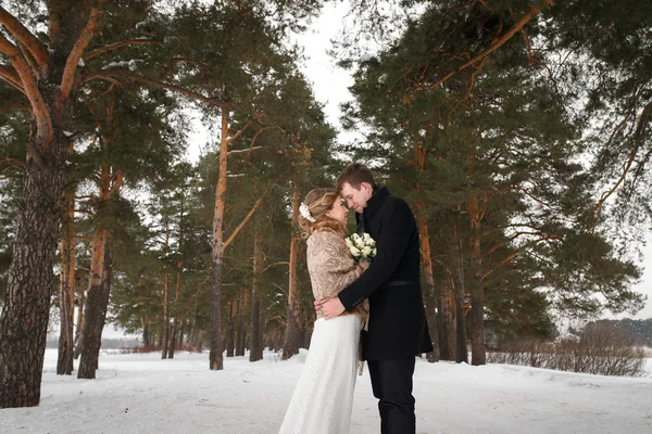 Couple newlyweds walking in a winter forest — Stock Photo, Image