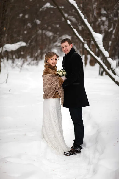 Couple de jeunes mariés marchant dans une forêt d'hiver — Photo