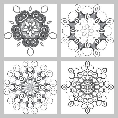 Çok renkli spirallerden oluşan dairesel bir desen kümesi.