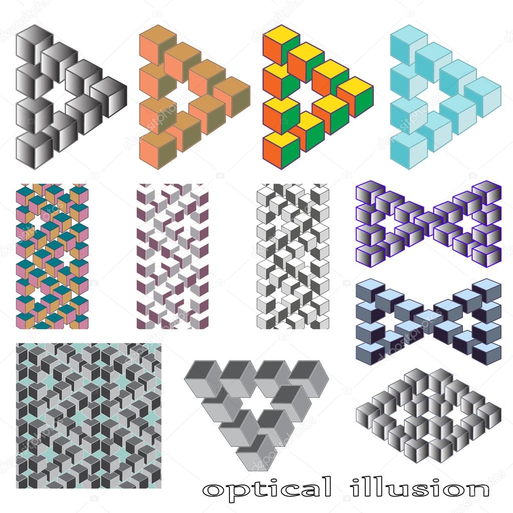 Optical illusion, abstract geometric design element. Printoptical illusion symbols, Impossible sign. A set of 12 vector design
