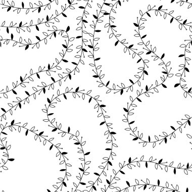 Doğal motifler. Dallardan ve yapraklardan kesintisiz siyah beyaz desen.