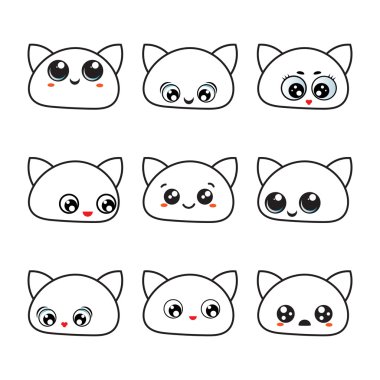 Kawaii gözler. Icon set - duygular, şirin kedi yüzler.