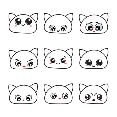Kawaii gözler. Icon set - duygular, şirin kedi yüzler.