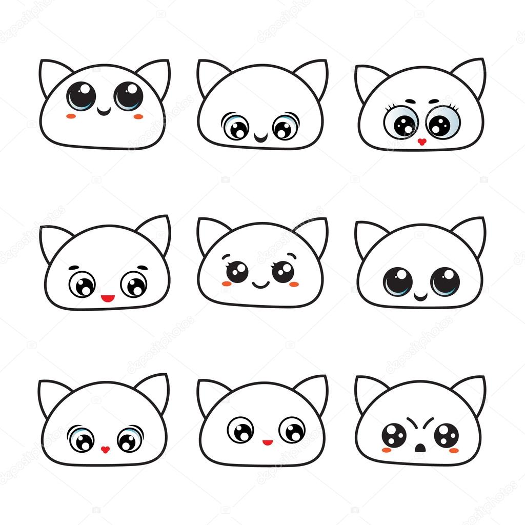 Kawaii Cute Cat Face with Ears. Positive Emotions. Cartoon Vector