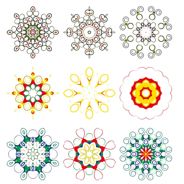 Beautiful circular pattern for your design. A circular pattern of multicolored spirals. A set of nine elements. — Stockový vektor