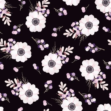 Vektör çiçek buketi ile seamless modeli. Anemon, dalları ve çilek.