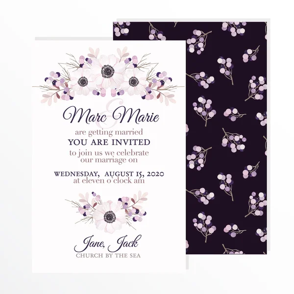 Wedding invitation with flowers anemone, branches and berries in vintage watercolor style. Vector illustration. — Stock Vector