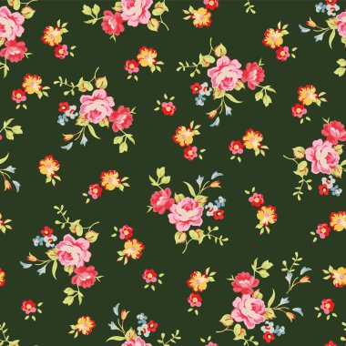 Siyah arka plan üzerine küçük pembe güller ile sorunsuz çiçek desenli.