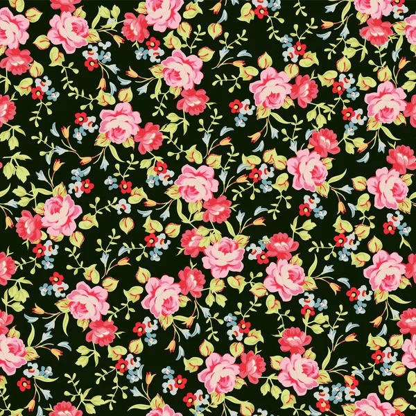 Seamless floral pattern with little pink roses, on black background. — Stock Vector