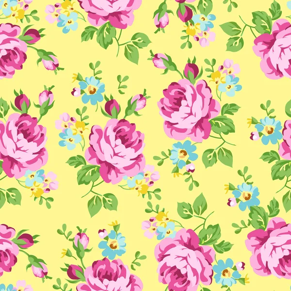 Patrón floral sin costuras con rosas rosadas sobre un fondo amarillo oscuro — Vector de stock