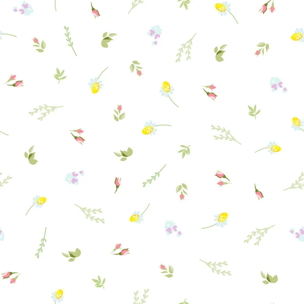 Patrón floral sin costuras con pequeñas manzanillas, rosas y ramitas de plantas — Vector de stock