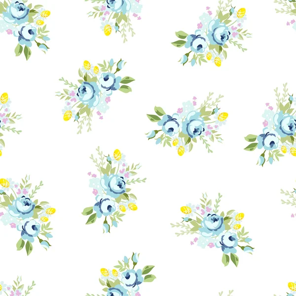 Pola bunga mulus dengan mawar biru besar dan kecil - Stok Vektor