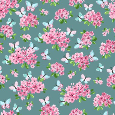 Pembe çiçekli ve kelebekli kusursuz desen