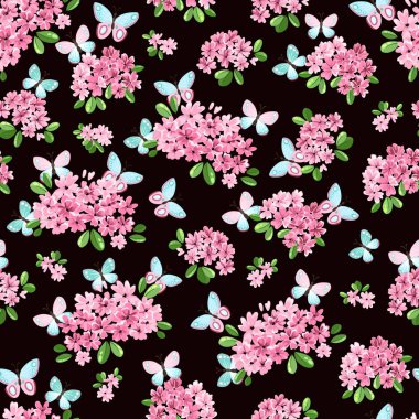 Pembe çiçekli ve kelebekli kusursuz desen