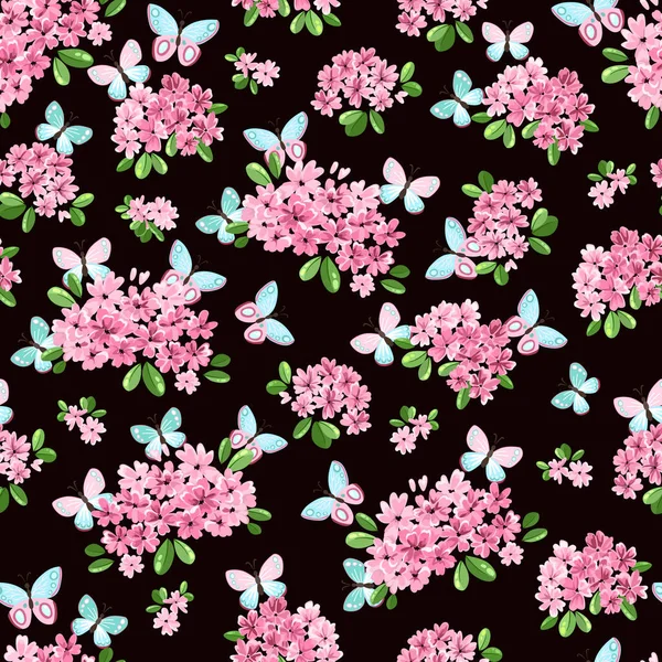 Απρόσκοπτη μοτίβο με μικρά ροζ λουλούδια και πεταλούδα — Διανυσματικό Αρχείο