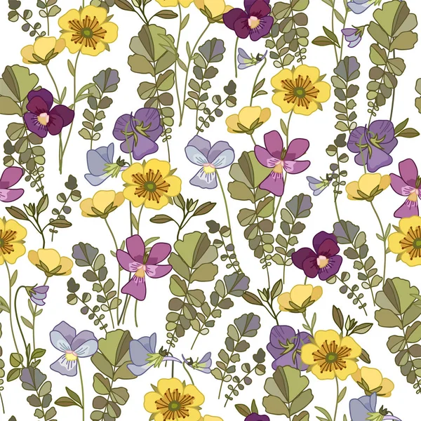 Floraler Hintergrund mit Stiefmütterchen Blumen und Wildblumen. — Stockvektor