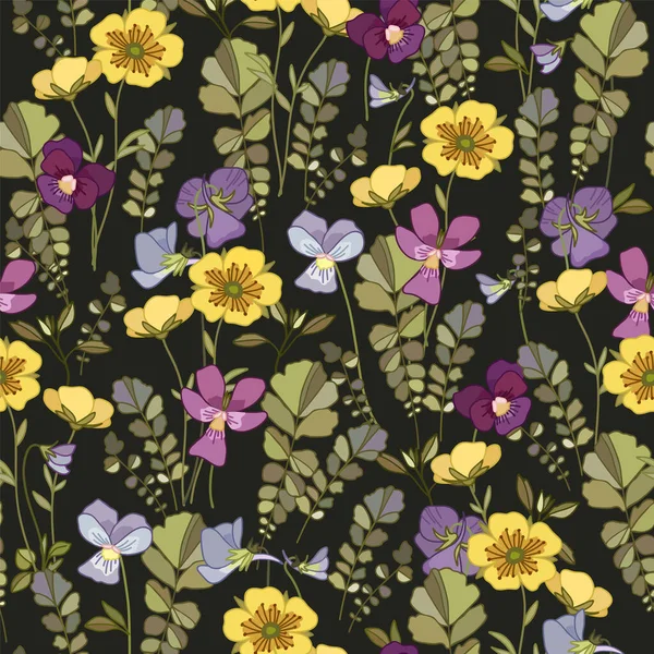 Floraler Hintergrund mit Stiefmütterchen Blumen und Wildblumen. — Stockvektor
