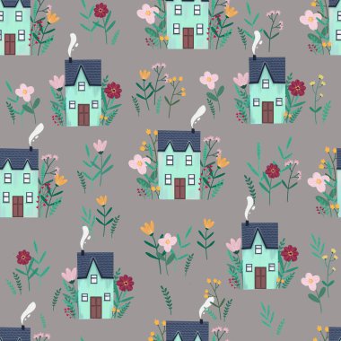 Raster kusursuz arka plan, sanat yağı taklidi. Sevimli karikatür şeyleri, çiçekli küçük evler. Çocuk resimleri ambalaj kağıdı, tekstil, dekorasyon.