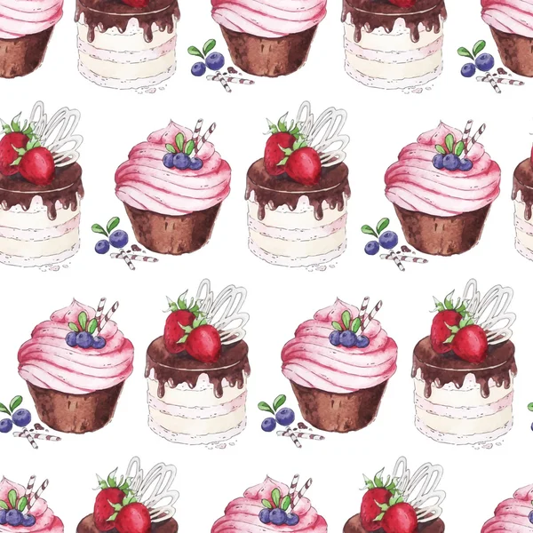 Watercolor vector seamless pattern with blueberries cupcakes and strawberry cake. — Stock Vector