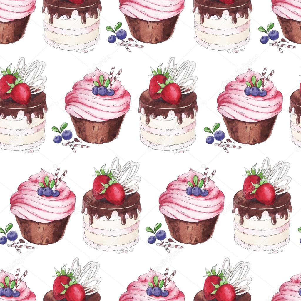 Watercolor vector seamless pattern with blueberries cupcakes and strawberry cake.