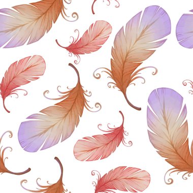 Sulu Boya Dikişsiz desen kuş tüyleri ile.