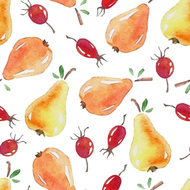 Pattern with watercolor pears and rosehips clipart