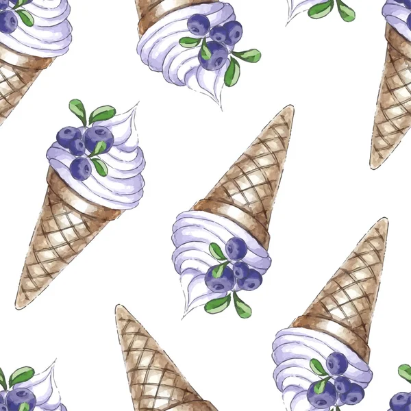 模式与蓝莓和蛋卷冰激淋 — 图库矢量图片