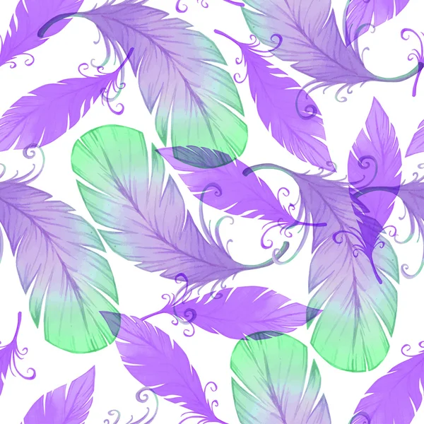 Watercolor seamless pattern with bird feathers. — Stock Vector