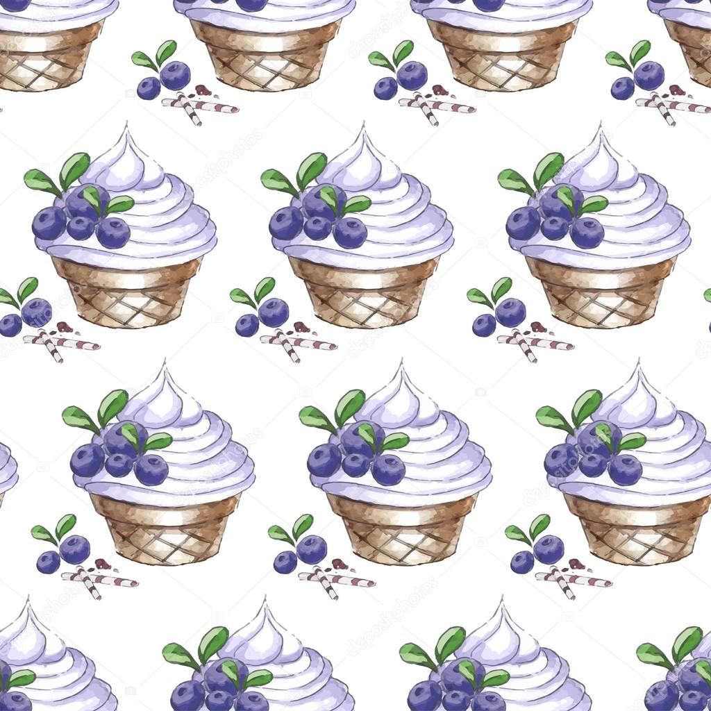 Seamless pattern with blueberries cupcakes