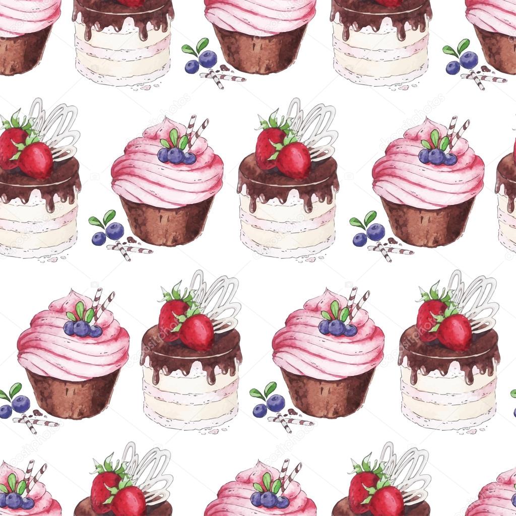 Seamless pattern with blueberries cupcakes