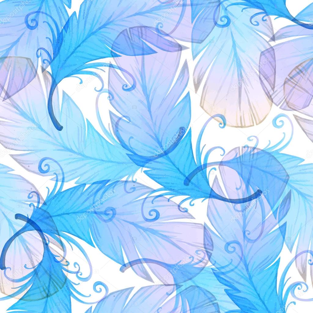 Watercolor seamless pattern with bird feathers.