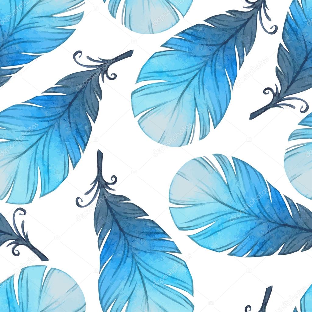 Watercolor seamless pattern with bird feathers.