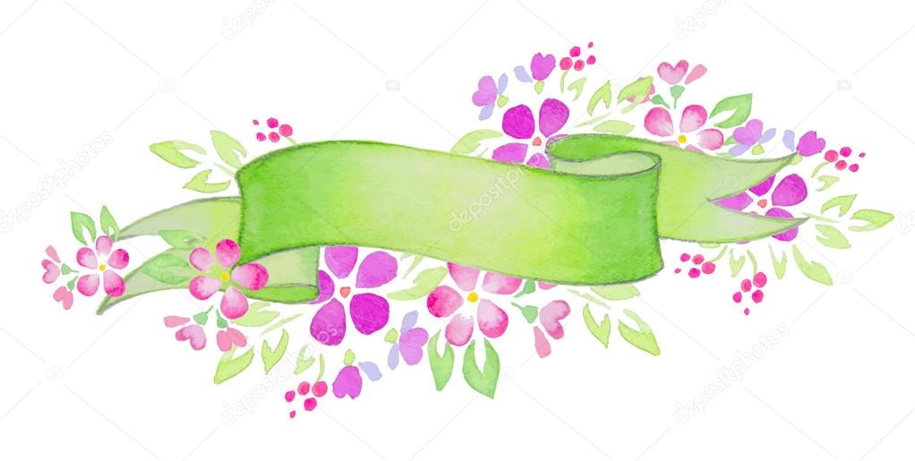 Watercolor flowers elements with ribbon