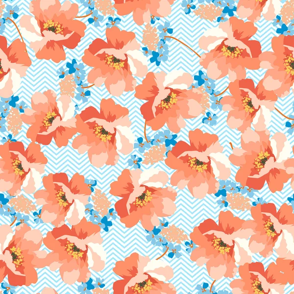 Motif avec des fleurs bleues et corail — Image vectorielle